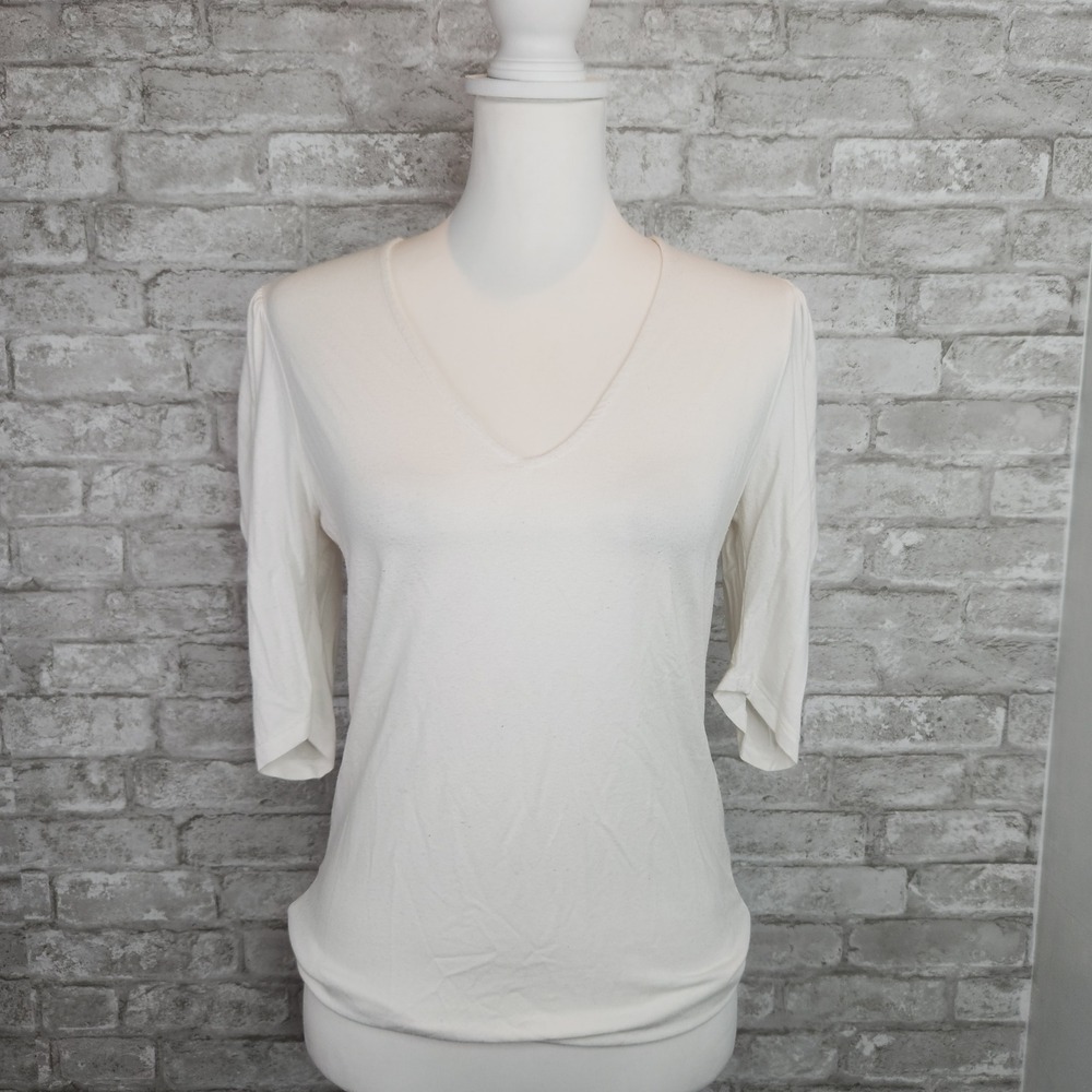 FRAME Top Puff Sleeve White V-Neck Viscose Stretch Minimalist Small